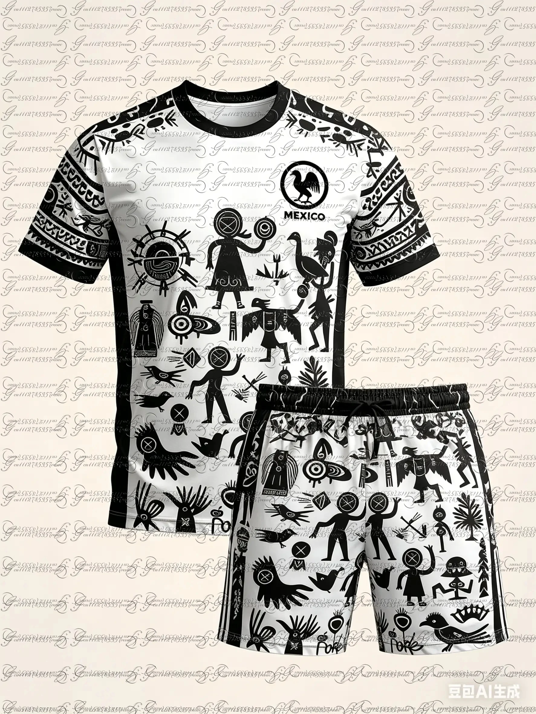 T-Shirt mit mexikanischer Stammeskunst auf weißem Hintergrund, schwarzes Muster, aztekisches Symbolmuster, Jugend-Fußballspieluniform, Outdoor-Sport