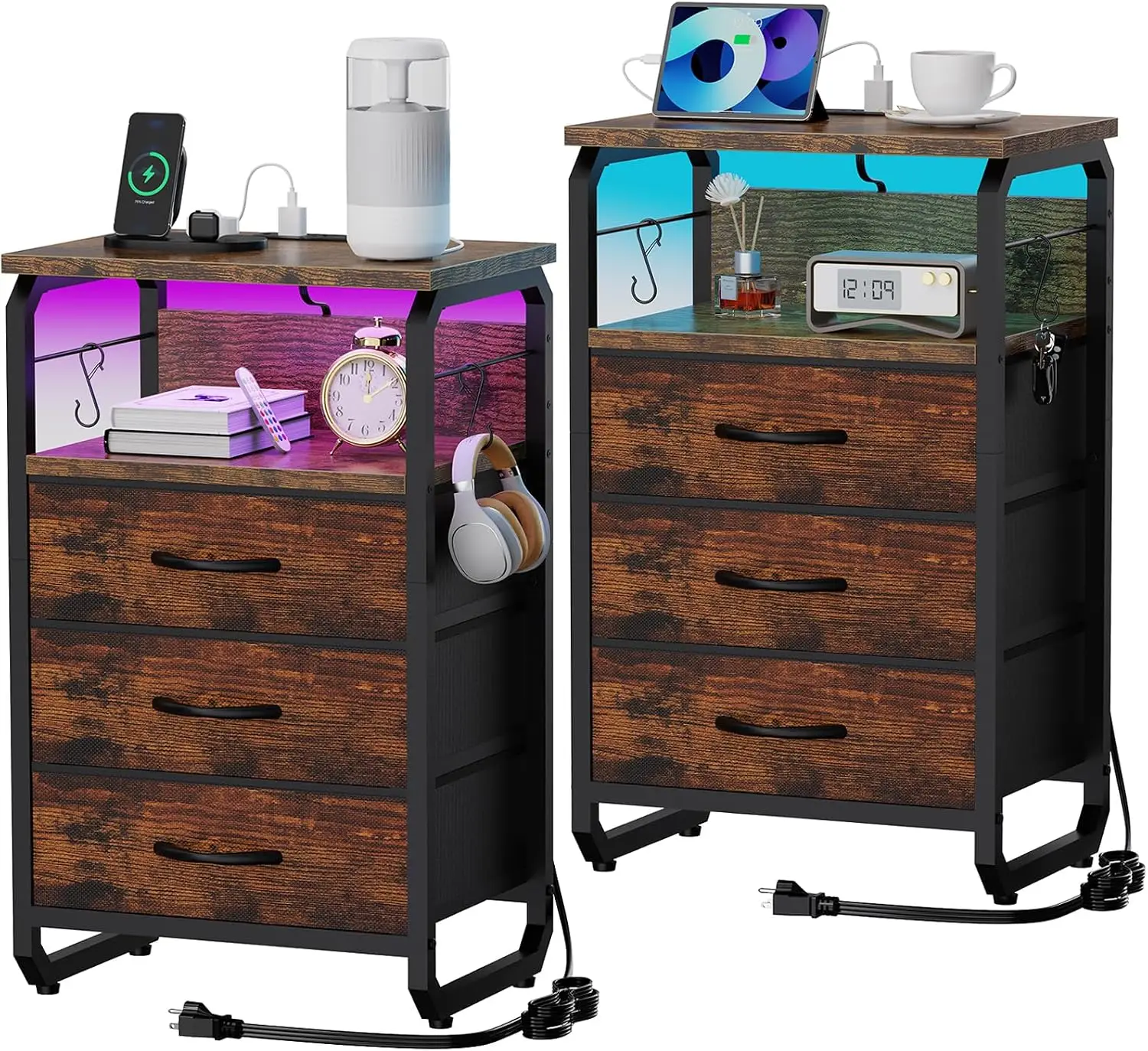 End Tables Set of 2 with Charging Station, LED Lights, Hooks, Brown | 3 Large Fabric Drawers, USB C Ports & Power Outlets, Metal