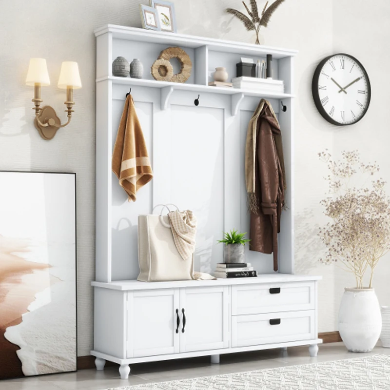 ON-TREND Modern Style Hall Tree with Storage Cabinet and 2 Large Drawers, Widen Mudroom Bench with 5 Coat Hooks, White