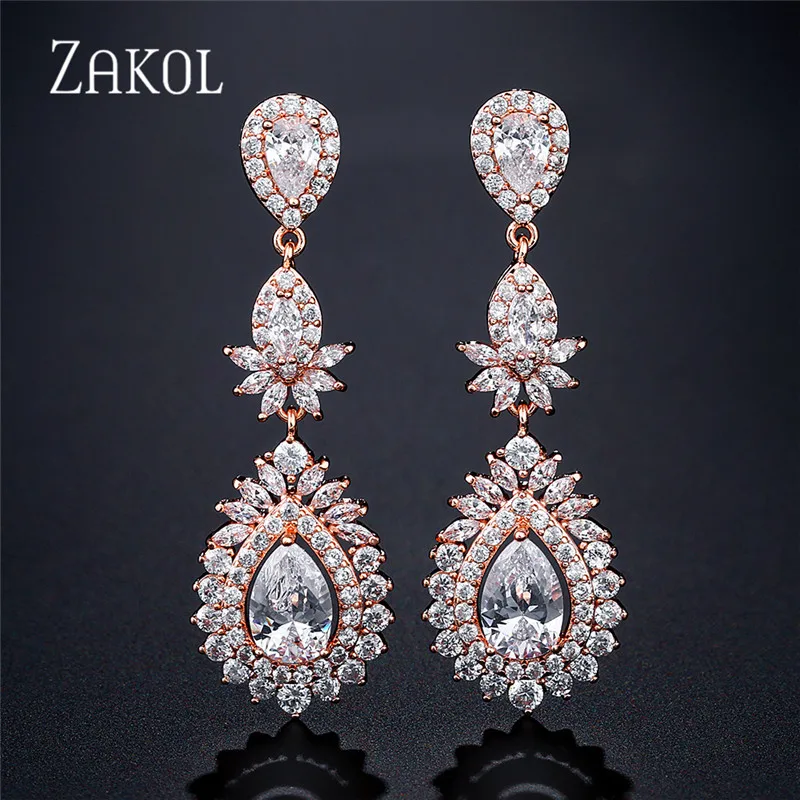 ZAKOL New Retro Style Shiny Big Water Drop Shape Cubic Zirconia Pendant Dangle Earrings Luxurious Women Bridal Jewelry FSEP5049