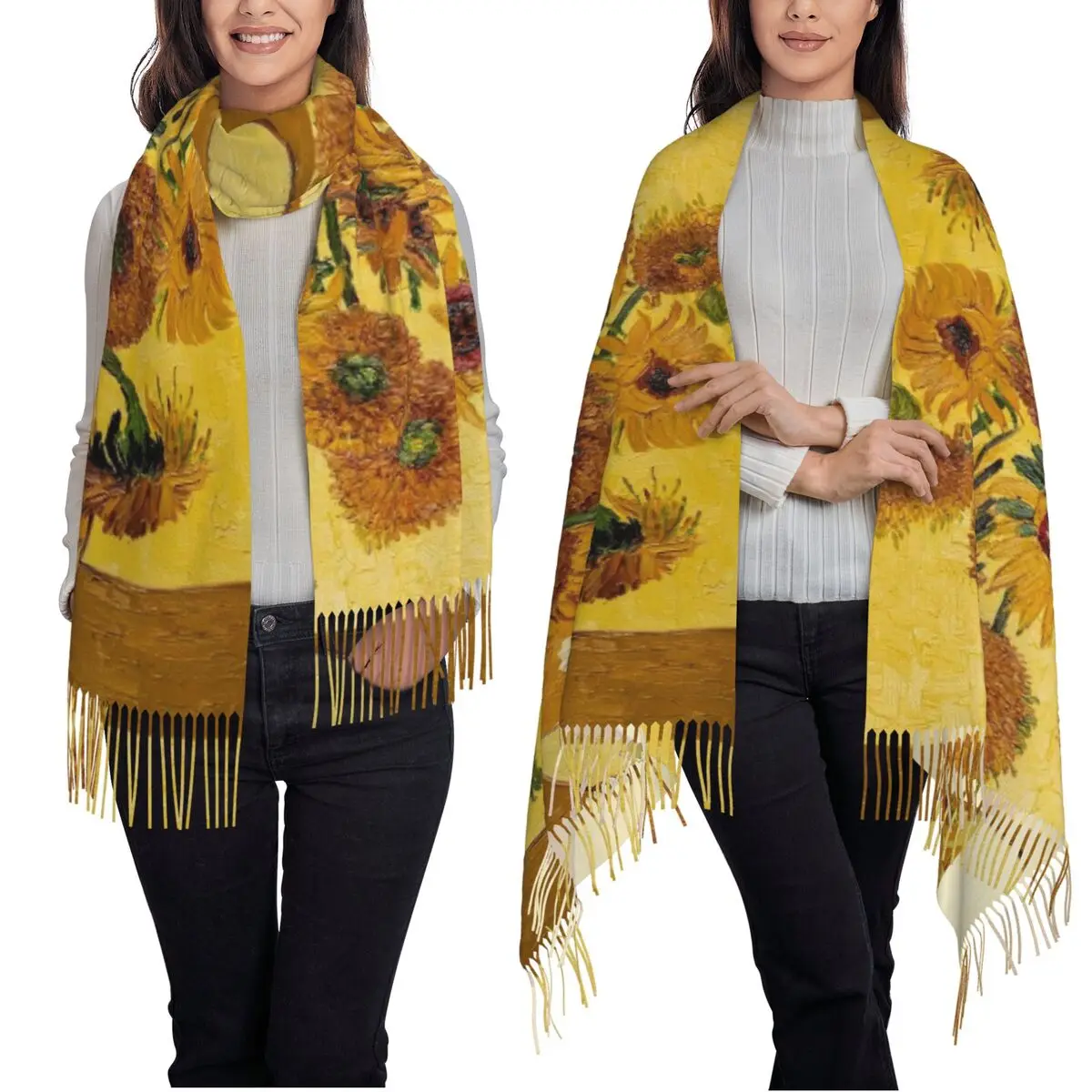 فنسنت فان جوخ عباد الشمس الشمس الزهور وشاح شرابة الأوشحة للنساء شالات دافئة لينة ويلتف كبير الخريف الشتاء شال التفاف