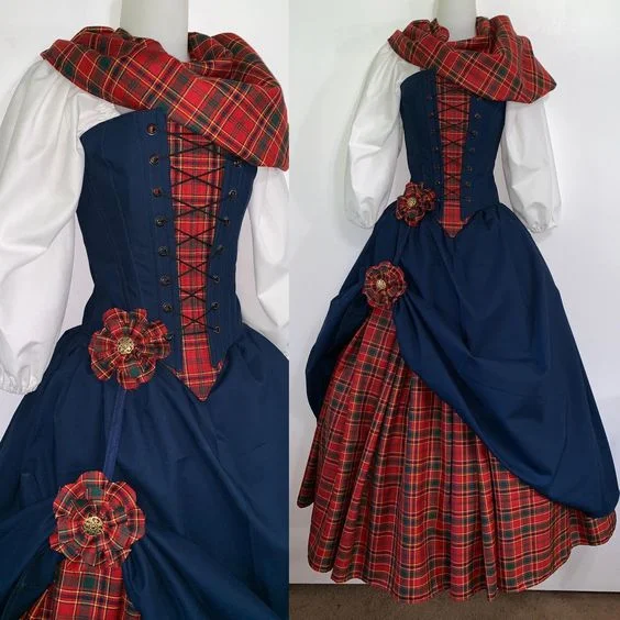 Donne 16th Century Renaissance scozzese Highland Ball Gown Outlander clair Fraser Costume Fashion Dress con sciarpa Set