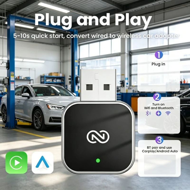 Adaptateur CarPlay sans fil 2-en-1 NOUVEAU 2026 pour CarPlay filaire OEM vers sans fil et Android Auto, Dongle USB Type C Plug and Play