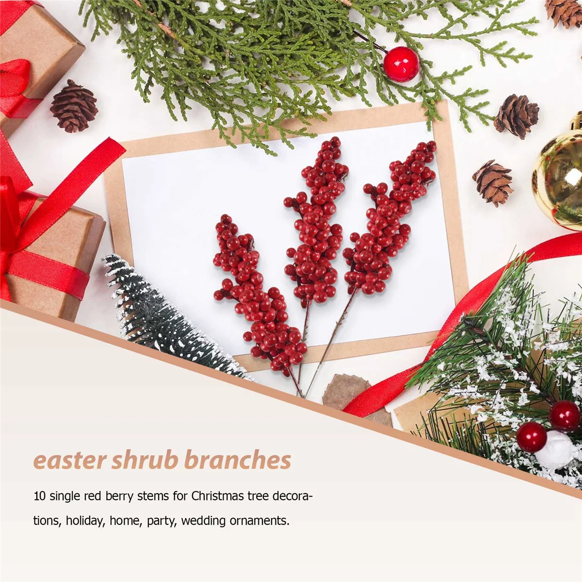 10 Uds. De bayas rojas artificiales, ramas decorativas con bayas rojas, ramas de otoño, selecciones de Navidad, ramas de bayas