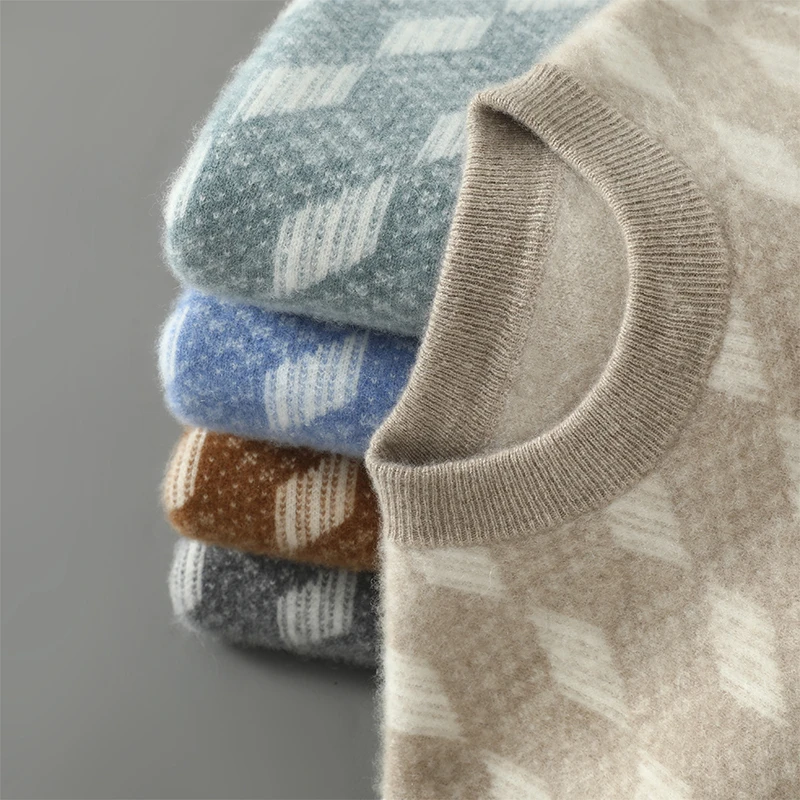 

100% Pure Wool Men's Round Neck Thick Color Matching Sweater Loose Casual Knit Bottoming Shirt Pullover Cashmere Sweater