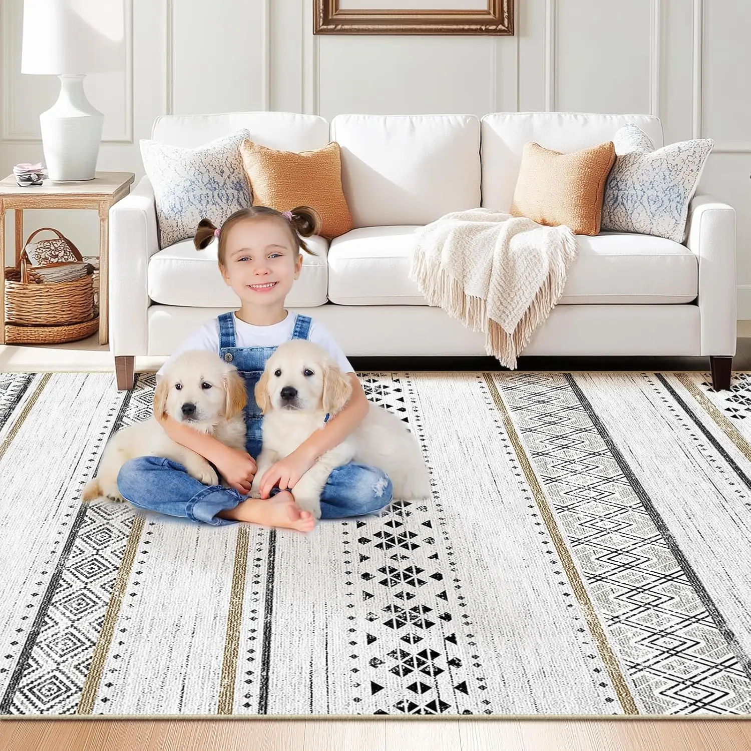 Tribal Stripe Pattern Rug Beige Base with Black Gold Geometric Motifs Boho Chic Decor