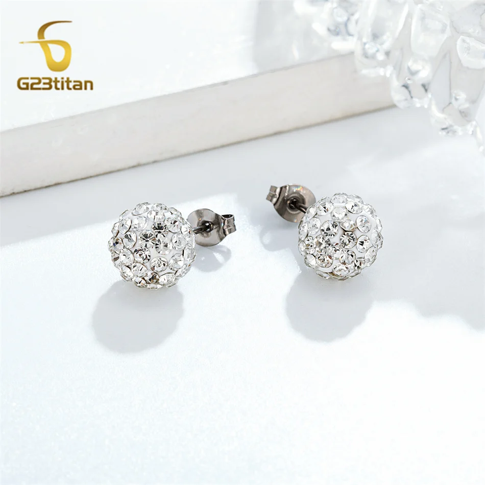 Bright White CZ Zircon Pave Clay Ball Earrings Hypoallergenic G23 Titanium Piercing Ear Jewelry Classic Women Stud Earings Gifts