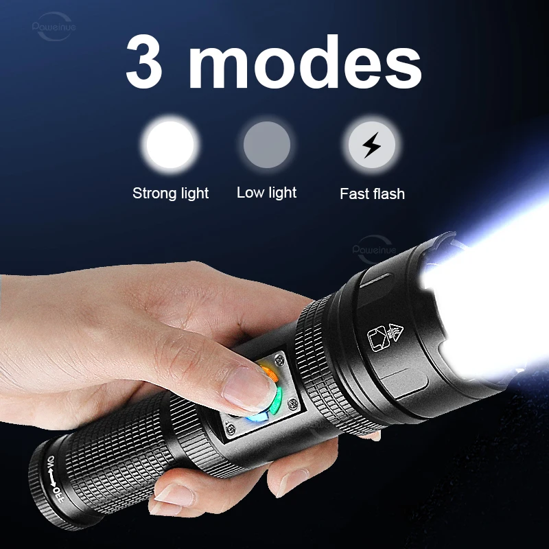 High Power 10000LM LED Flashlight Built-in Battery USB Rechargeable Strong Light Tactical Torch Outdoor Camping Hiking Lantern