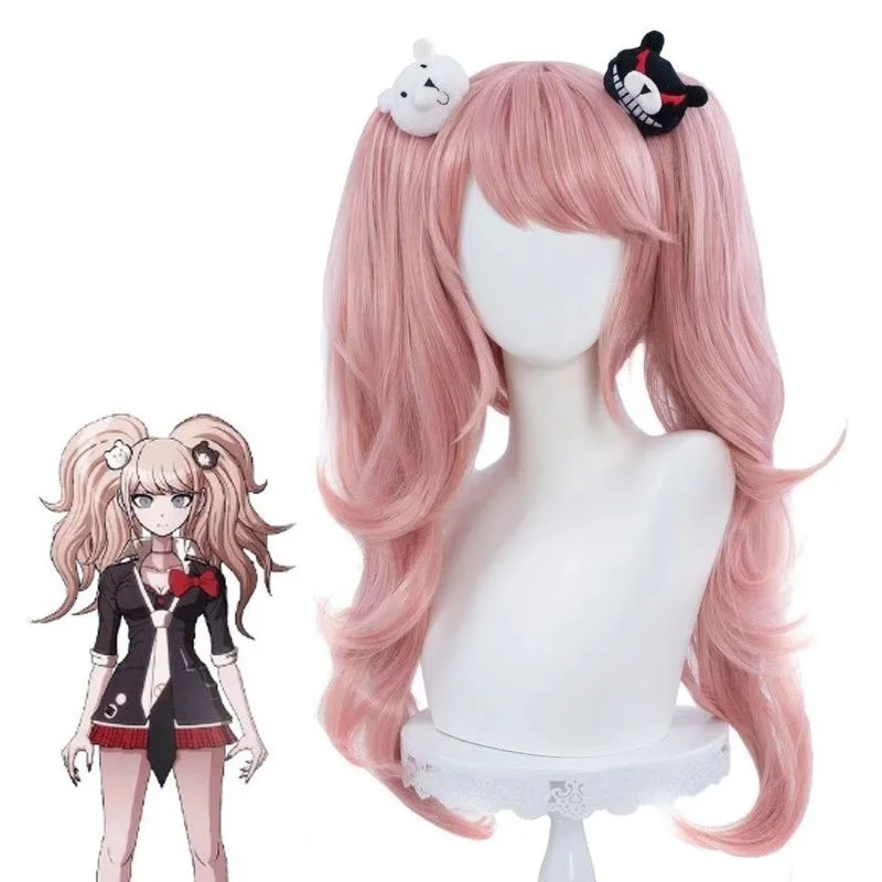 Danganronpa Junko Enoshima Cosplay Wig, Long Pink Curly Twin Ponytails with Side-Swept Bangs