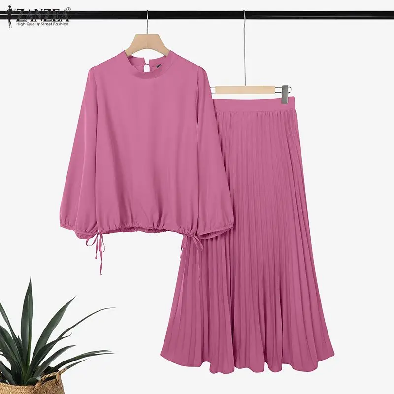 

Женские комплекты ZANZEA: повседневные мусульманские комплекты, летние и весенние наряды из двух предметов, топы с длинными рукавами, плиссированные длинные юбки, однотонные, 2 предмета