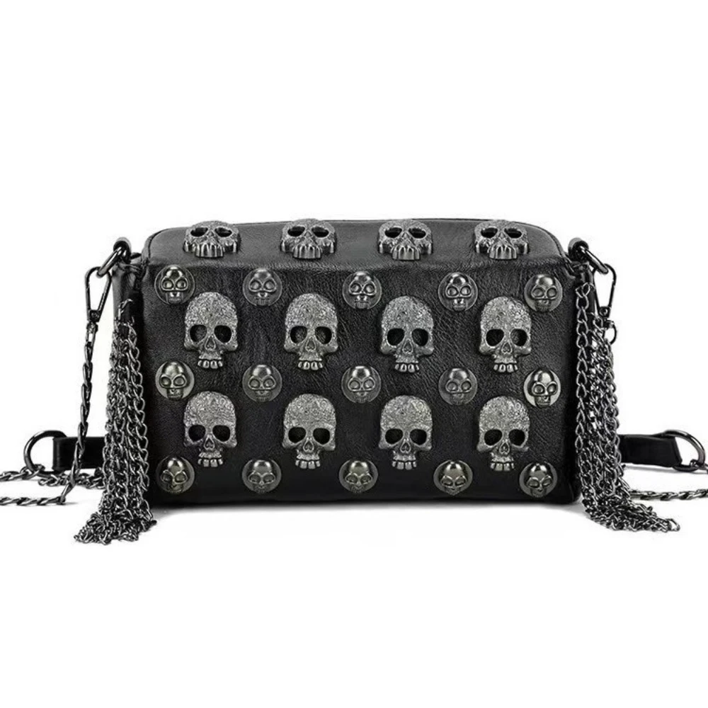 High Quality PU Bag Halloween Metal Skull Punk Style Crossbody Bag Satchels for Women Rivet Tassel Chain Shoulder Bags