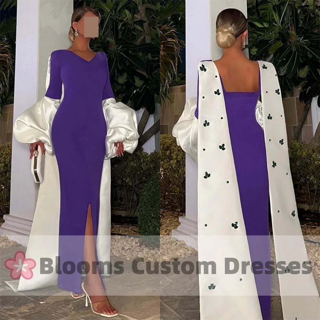 Customized Purple Mermaid Puff Long Sleeves Crystal Cape Prom Dress Elegant Women\'s Evening Gown Saudi Formal Occasion Dress