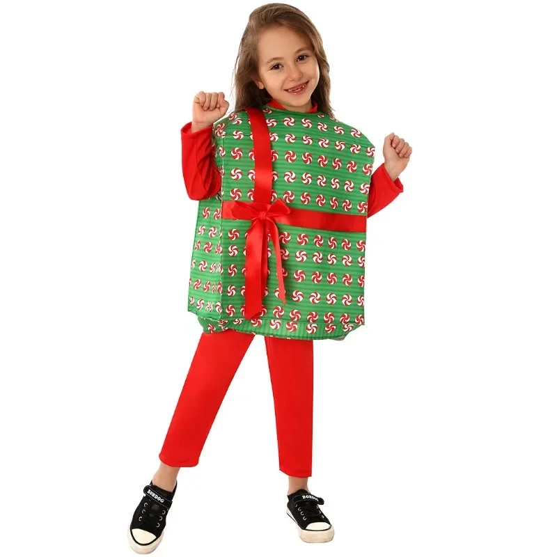 New Year Christmas Children's Costumes Santa Gift Box Boys Girls Costumes Christmas Dress Up Party Holiday Performance Costumes view 2