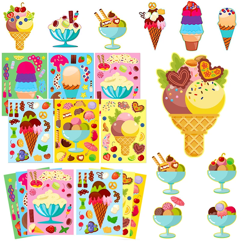 6 أوراق مزيج الآيس كريم نمط لغز ملصقات جعل ملصقات الوجه لطيف DIY بها بنفسك تجميع ملصق المكافآت المدرسية المفضلة القرطاسية ZYF