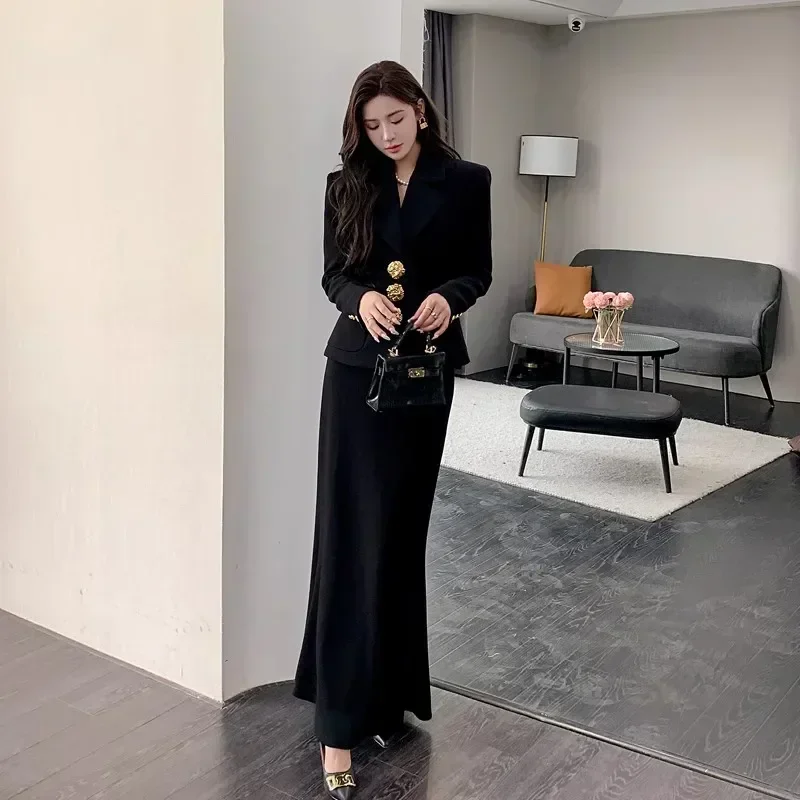 Plus Size 2024 New Fashion All Season Office Womens Full Sleeve Big Gold Metal Button Pockets Slim Casual Black Blazer Coat