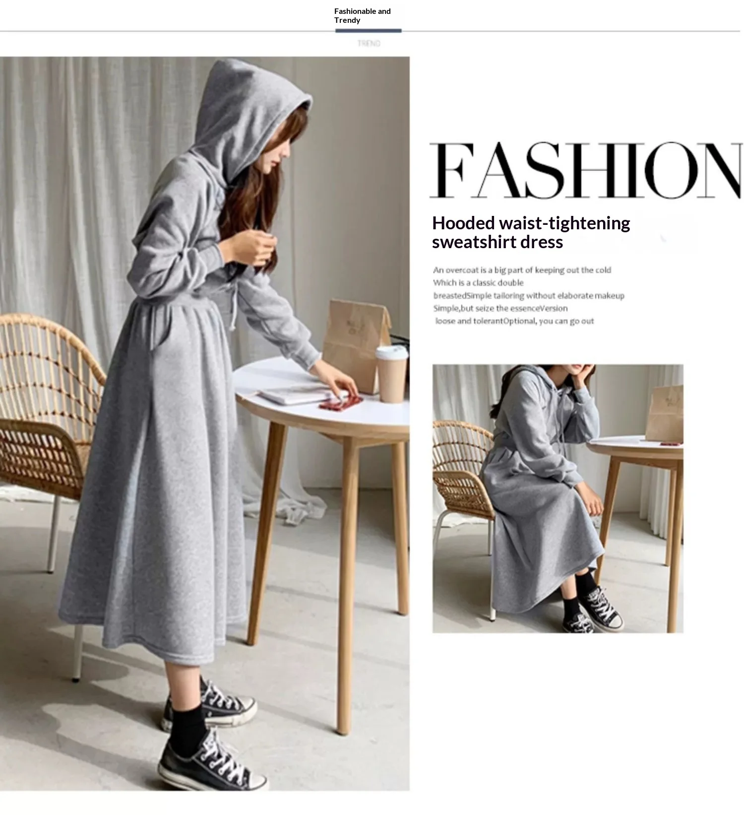Koreanischer Stil, Herbst-Winter-Kapuzen-Sweatshirt-Kleid, Übergröße, tailliert, einfarbig, langes Kleid für Studentinnen und Frauen, lässig – Detail 2