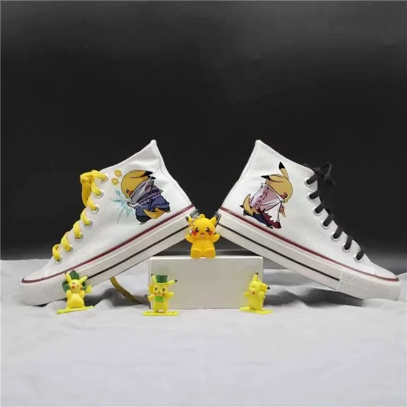 

real pictures 2025 new spring winter Pikachu cartoon high top plus big size black white man canvas shoes student shoes for women