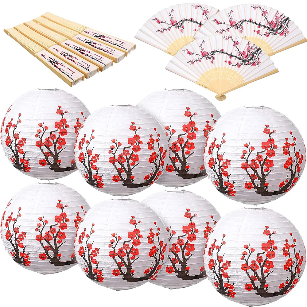 

8 Pcs Chinese Japanese Cherry Blossom Paper Lanterns with 8 Pcs Cherry Flower Folding Hand Fans for Wedding Party DIY Decor