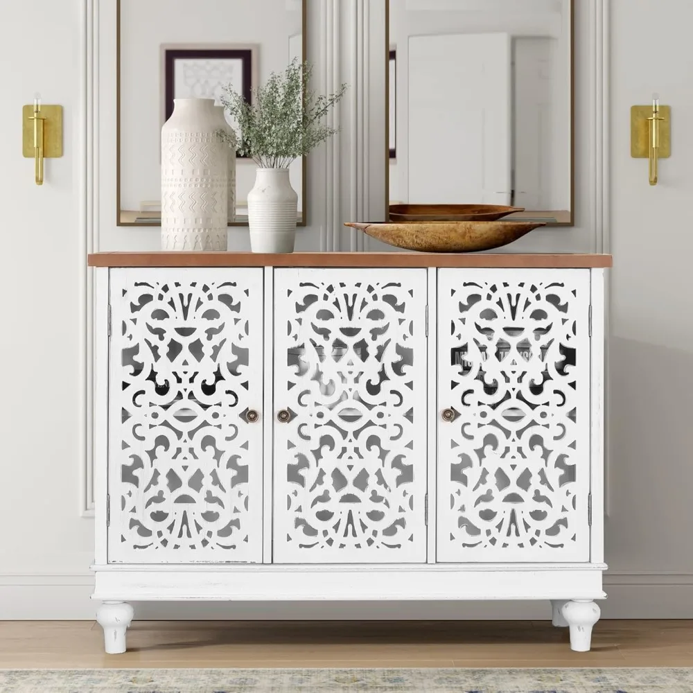 Accent Cabinet with Doors - Farmhouse Credenza Cabinet for Living Room, Sideboard Buffet Cabinet with Storage White