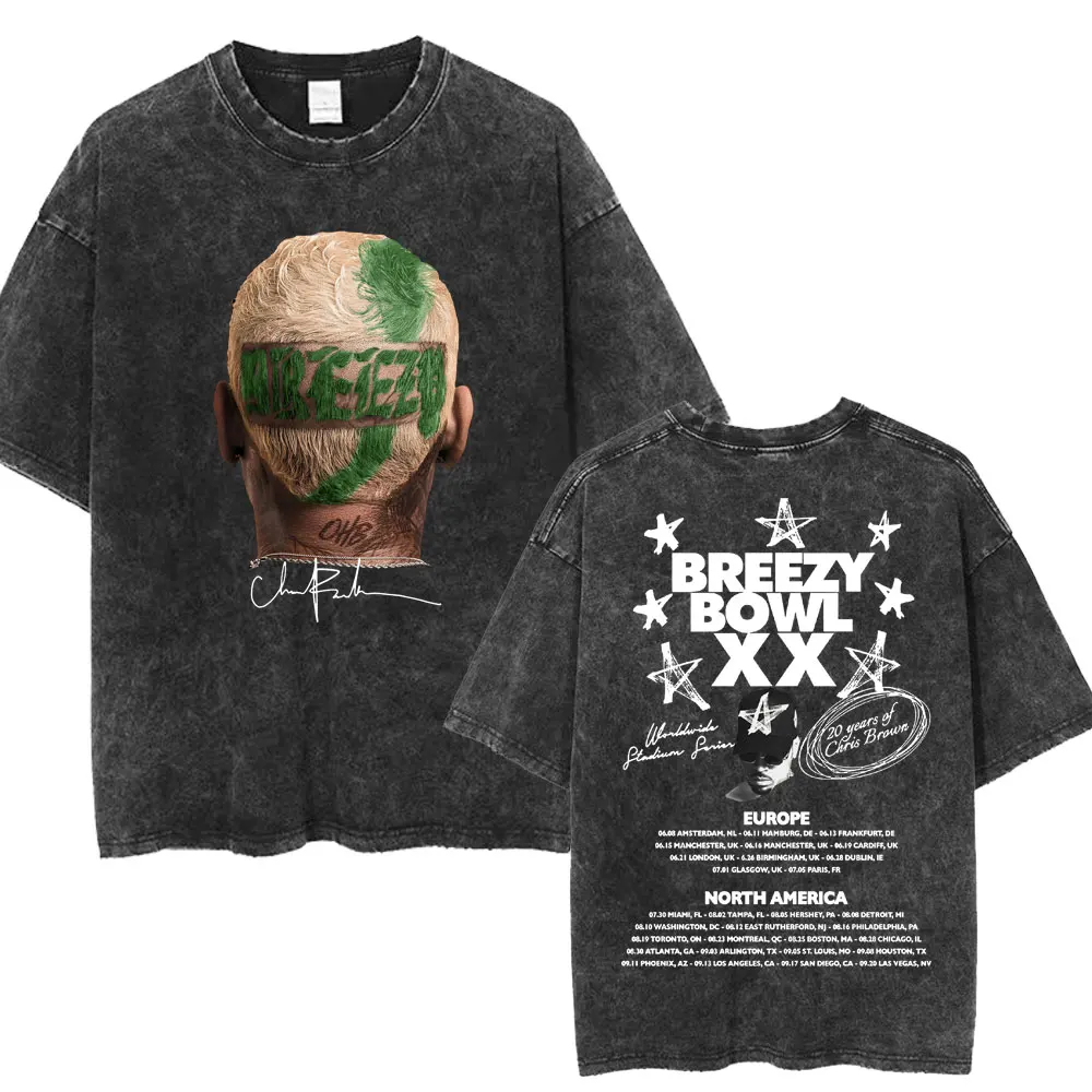 Chris Brown Breezy Bowl XX Concert Tour Washed T Shirts Vintage Hip Hop Gothic T Shirt Men's Oversized Cotton T-shirt Streetwear