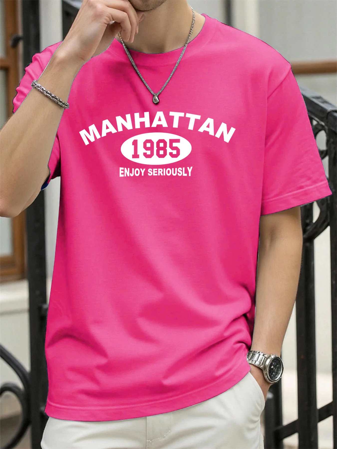 Manhattan 1985 disfruta de seriosamente imprime camiseta Simple ropa de algodón Vintage para hombre Camiseta básica de verano camisetas transpirables de calle