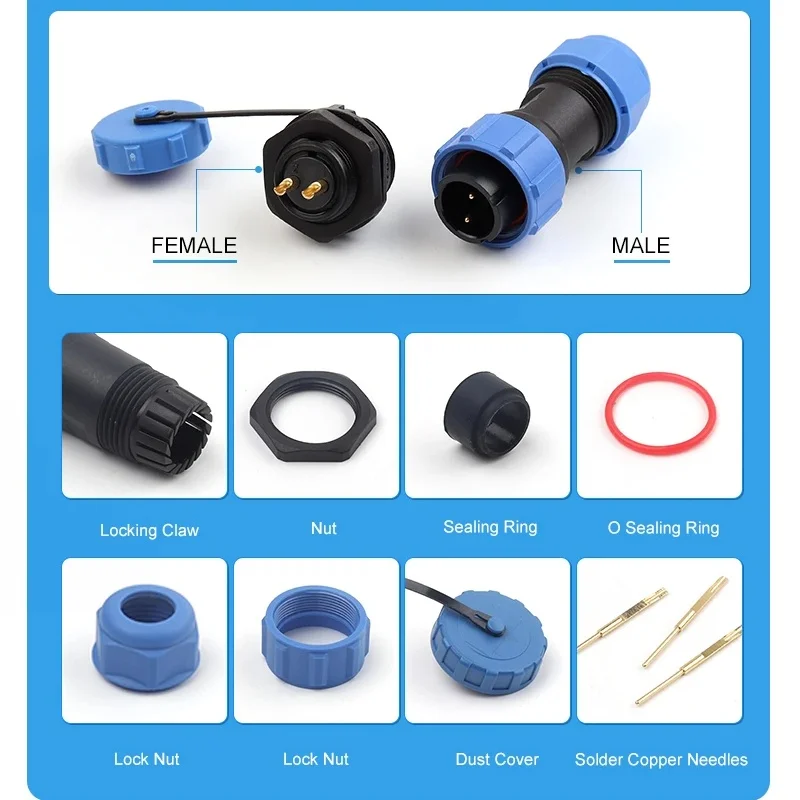 Waterproof connector SP16 IP68 cable connector plug & socket Male and Female 2 3 4 5 6 7 9 Pin