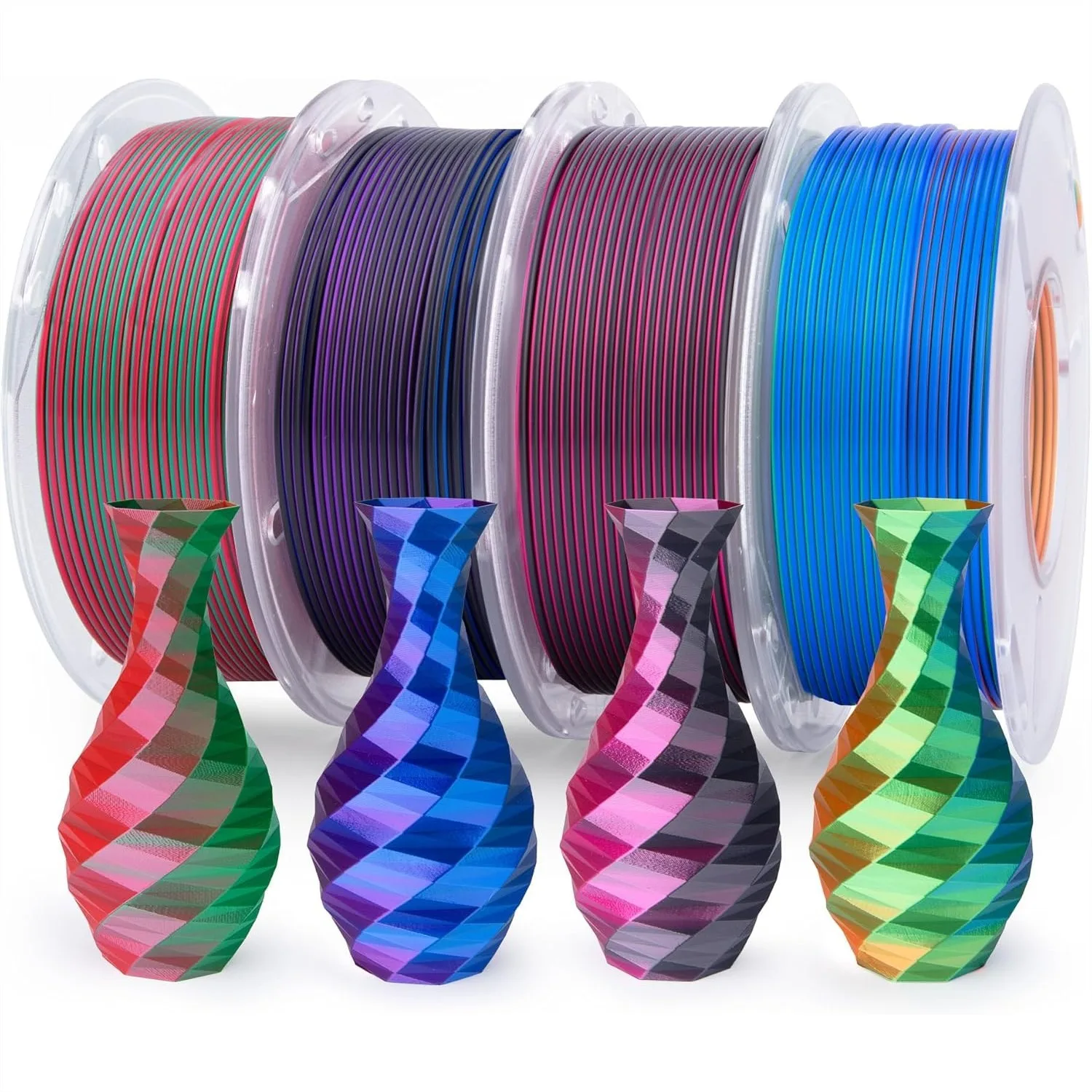 

Silk PLA Filament Bundle 1.75mm, Dual Triple Colors Shiny 3D Printer Filaments, Dimensional Accuracy +/-0.05mm, 4 Pack 250g