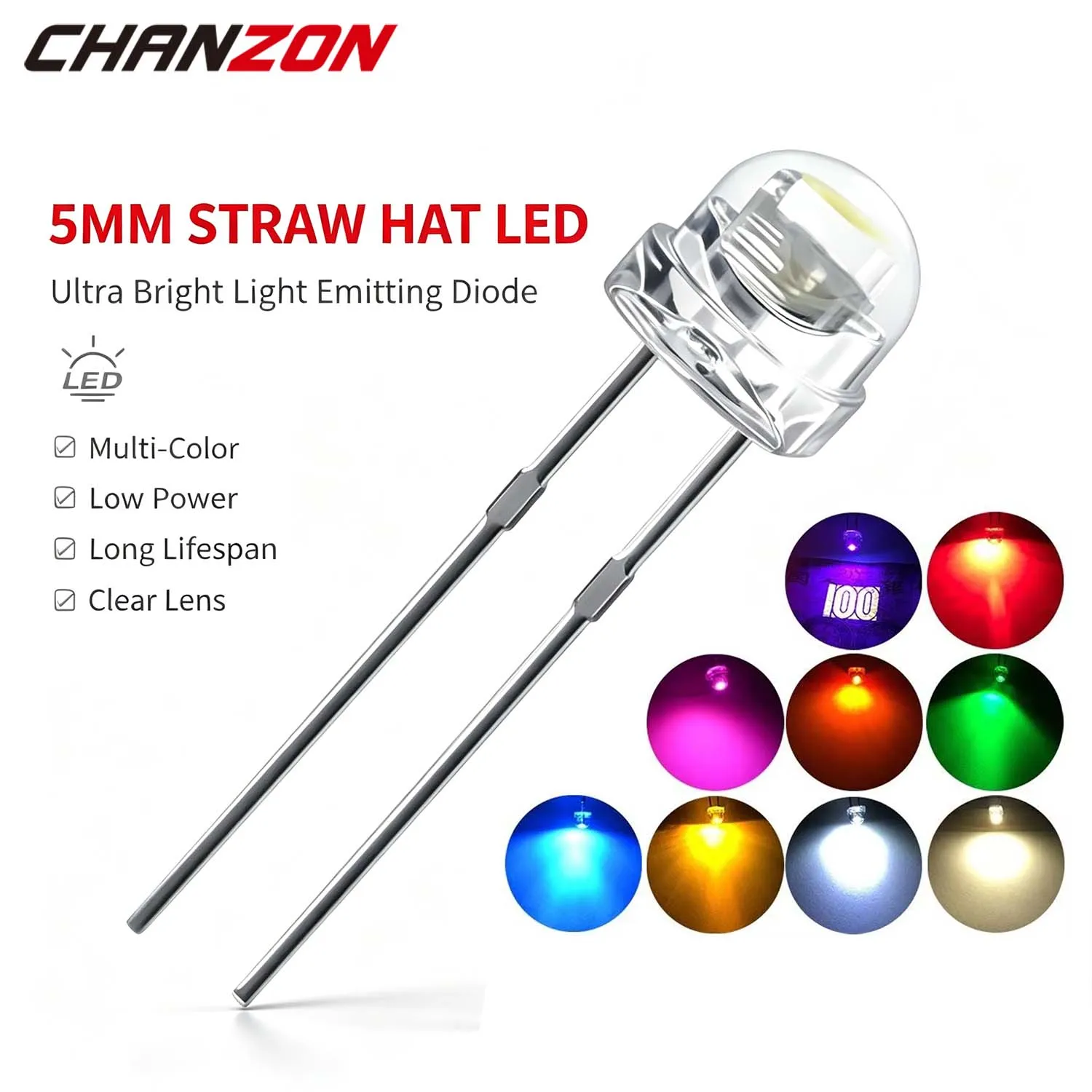 100pcs 5mm LED Emitting Diode Straw Hat Micro Indicator Warm White Red Green Blue Yellow Orange UV Pink RGB Flashing 3V DIY Bulb
