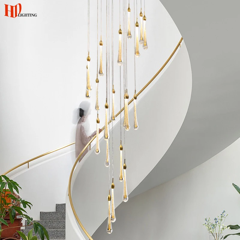 

HD Modern Crystal Chandelier LED Drop Lights For Villa Hotel Living Room Large Loft Staircase Chandelier Long Hanging Lamps Gold