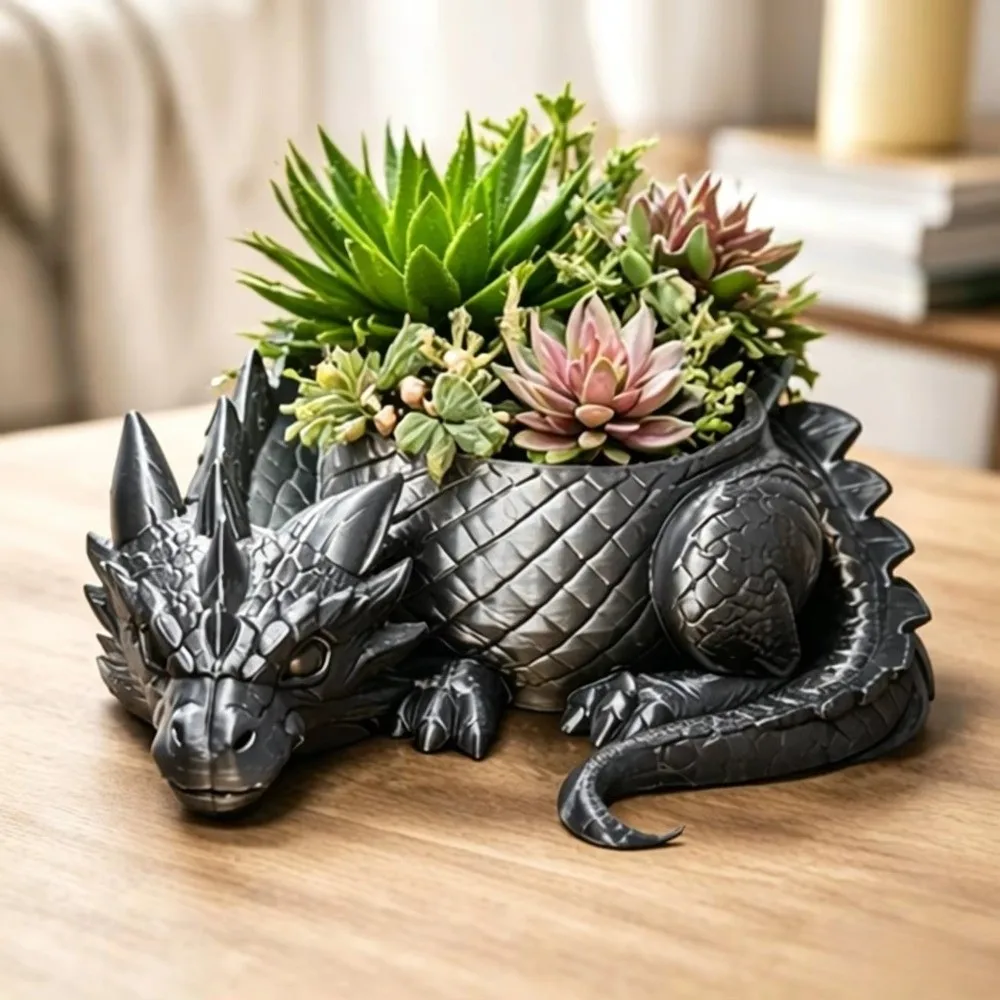 3D Printed Sleeping Dragon Planter Handcrafted Texture Mini Succulent Flower Pot Office Desk Decor Resin Succulent Pot Gift