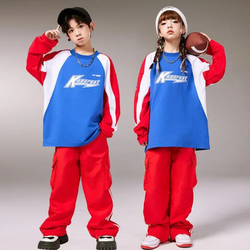 Blue Sweatshirt Boys Street Dance Pullover Colorful Cargo Pants Girls Streetwear Jazz Clothes Sets Children Hip Hop Outfits