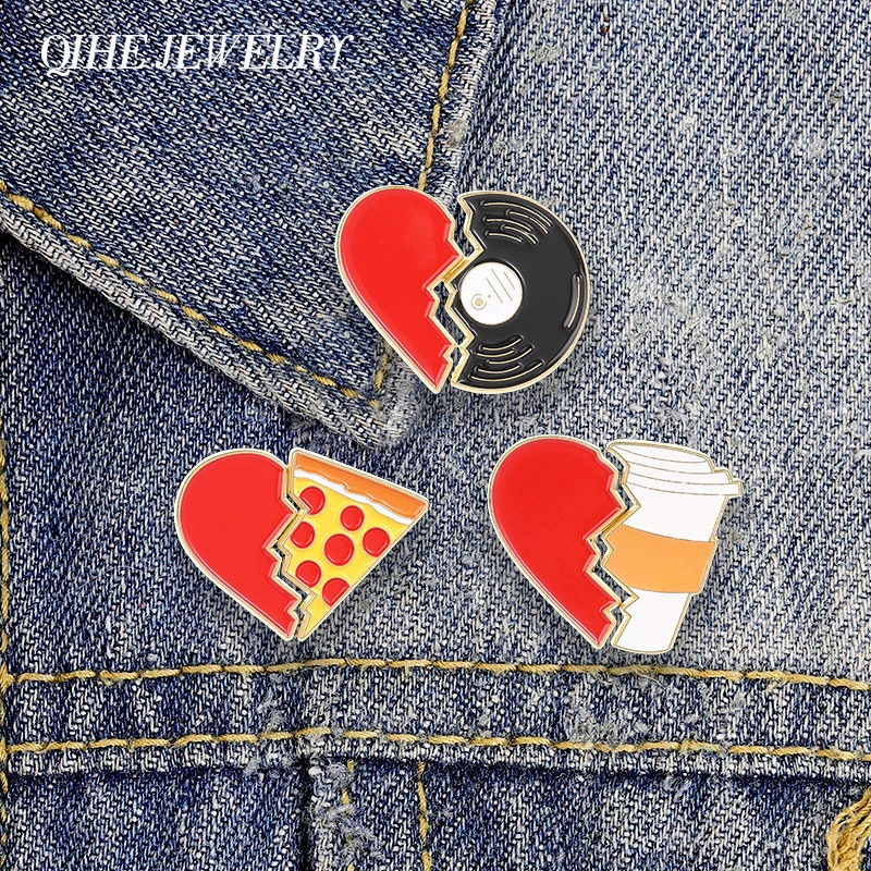 Broken Heart Matching Vinyl Record Coffee Cup Enamel Pins Retro Broken Heart Design Brooches Decor Bag Lapel Badge Jewelry Gifts