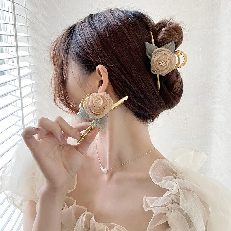 

Зажим для захвата камелии, большая сетчатая заколка с цветком, женская заколка на затылке, элитный элегантный темпераментный металлический зажим в виде акулы