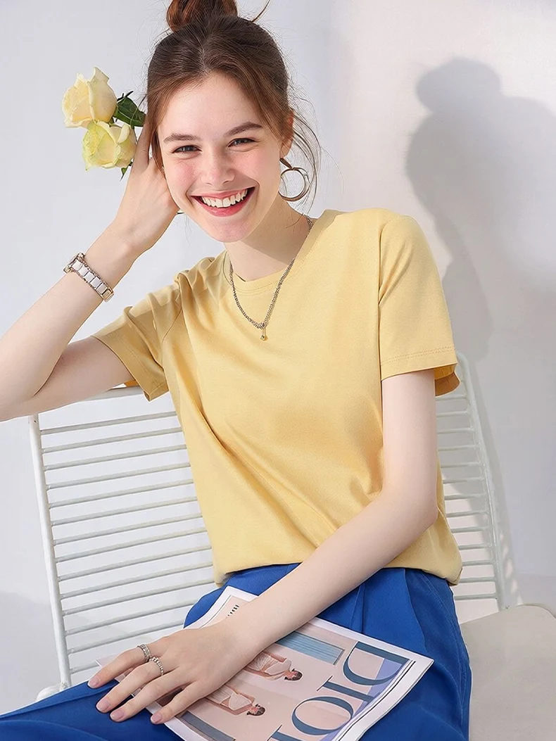 SuyaDream Women Solid T shirts, Silk Cotton Blend, O Neck, Short Sleeved Solid Tee,2025 Summer Candy Colors Basic Cozy Top Green