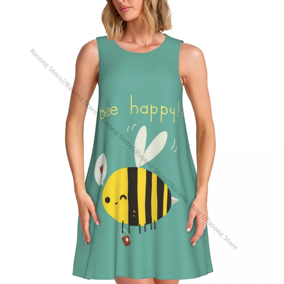 Women's Dress Cartoon Bee Pattern Summer Casual T Shirt Beach Cover up Tank Dress