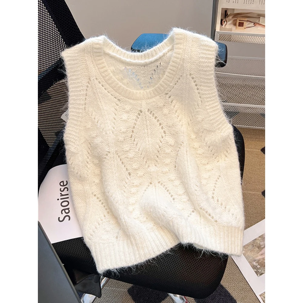 

Autumn Sweater Vest Korean Style Solid Color Casual All-Matched Loose Knitted Vests Vintage O-Neck Sleeveless Pullover Sweaters