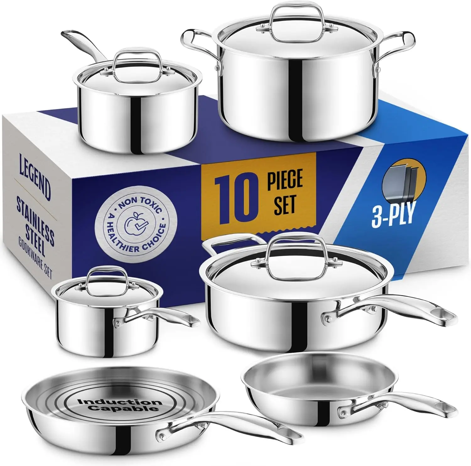 Legend Cookware 3 Ply Stainless Steel Pots And Pans Set | 10-Piece, Induction, Non-Toxic, Oven Safe | Best 18/8 Full Clad |