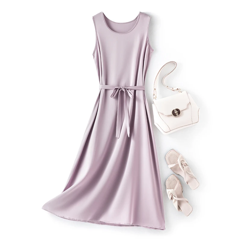 

Women Silk Tank Dress 93% Mulberry Silk 7% Spandex Solid Purple Color O Neck Sleeveless Midi Dress Summer FF048