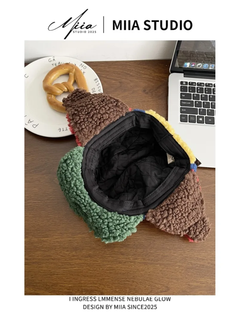 2025 nuevo lindo Puff Rana alas de lana de cordero sombrero de bombardero de 5 paneles otoño e invierno cálido sombrero de piloto de esquí