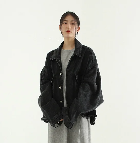 

Джинсовая куртка свободного кроя из хлопка, с длинными рукавами, на одной пуговице, однотонная, осенняя мода