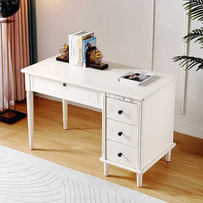 All solid wood desk, oak writing table, white lacquered small apartment computer table, smart bedroom home student table