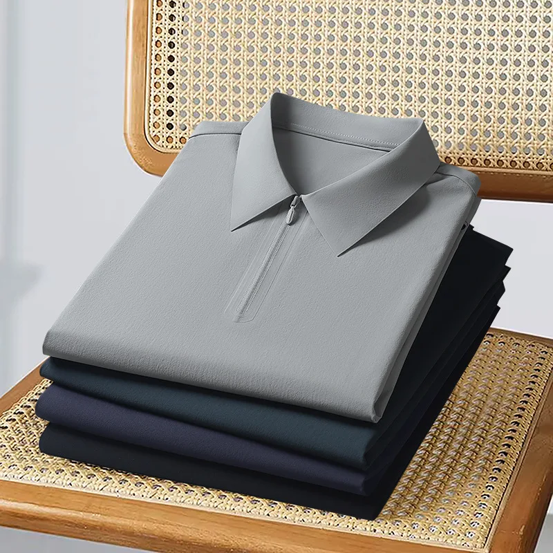 

2025 New Desan Wrinkle Short Sleeve Ice Silk Half Zipper Summer Thin Breathable POLO Shirt Elastic High Quality Men's Clothing