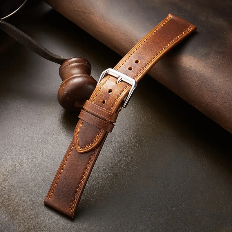 Leather Watch Strap 20mm 22mm18mm19mm21mm Retro Oil Wax Discoloration Ultra-thin Universal Watch Band