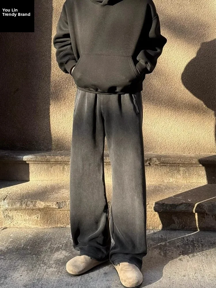 

Waed Vintage Wide Leg Sweatpants Men's Autumn Winter Fce Lined Straight Cut Drapey Sports Casual Trousers