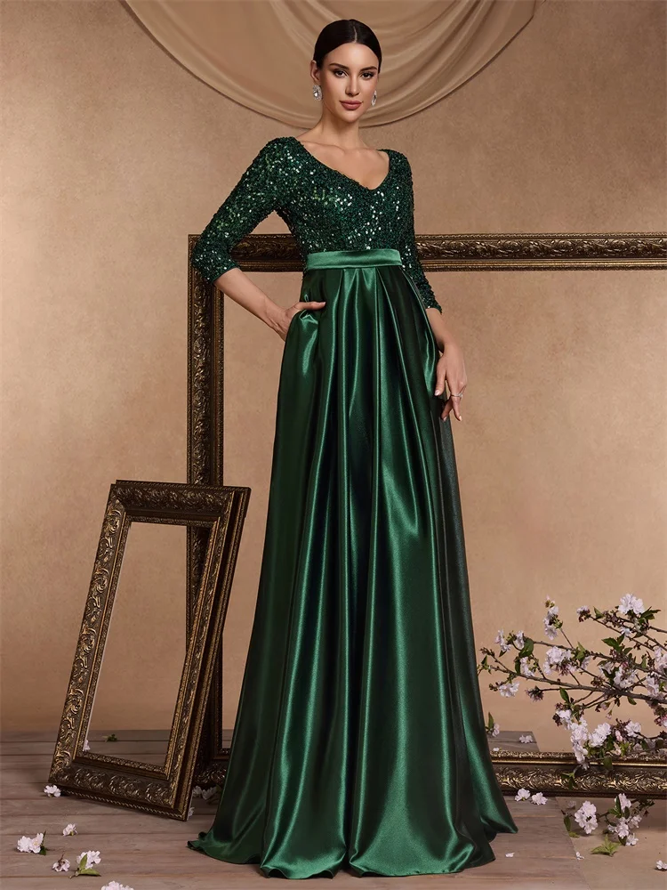 

BLUEPLUM Elegant Short sleeve Sequins Green Evening Dress Luxury Women Satin Prom Party Dress Floor Length Formal Cocktail Gown