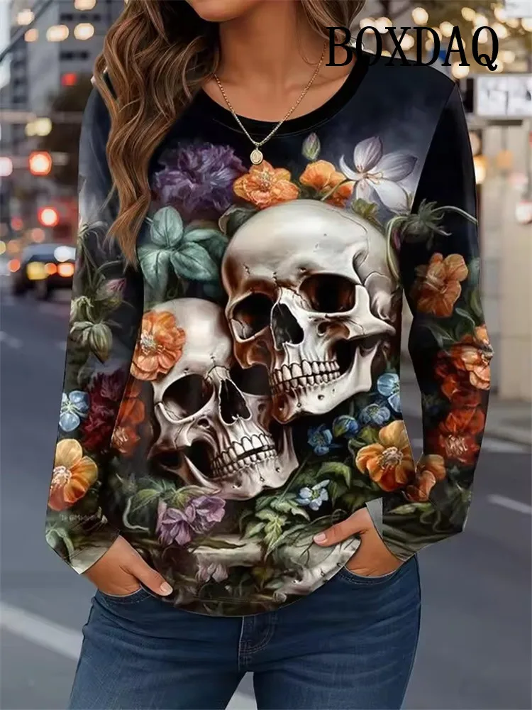 Horror Women T-Shirt Halloween Skull 3D Print T Shirt Women Fashion O-Neck Long Sleeve Oversized Tops Tees Female Clothing 2025