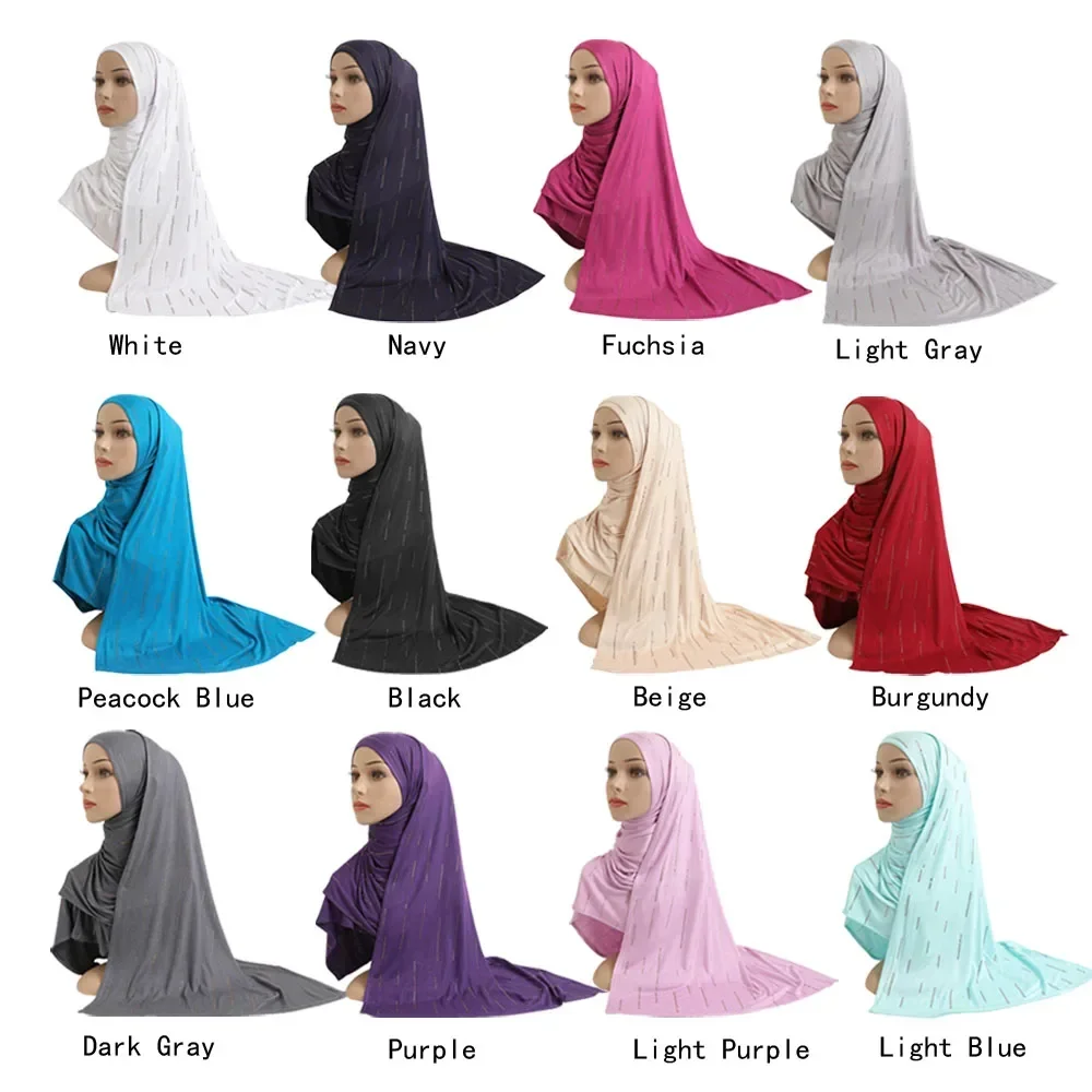 Cotton Jersey Hijab Scarf Solid Rhinestone Soft Elastic Women Headscarf Muslim Fashion Islamic Headwrap Turban Long Scarf Shawl