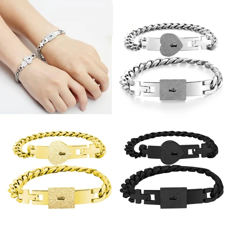 2x Exquisite Lover Heart Lock for Key Bracelet Couple Bracelets with Lock for Key Bangles Stainless Steel Jewelry for Women