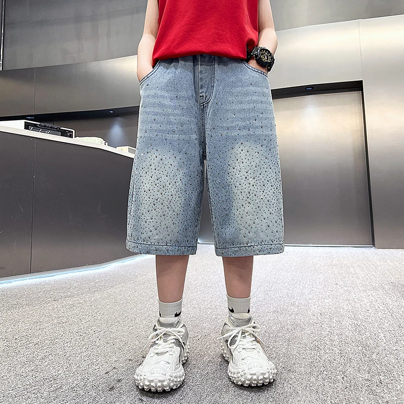 

New boys' denim shorts for summer children's diamond studded pants for autumn outdoor girls' sports shorts for spring