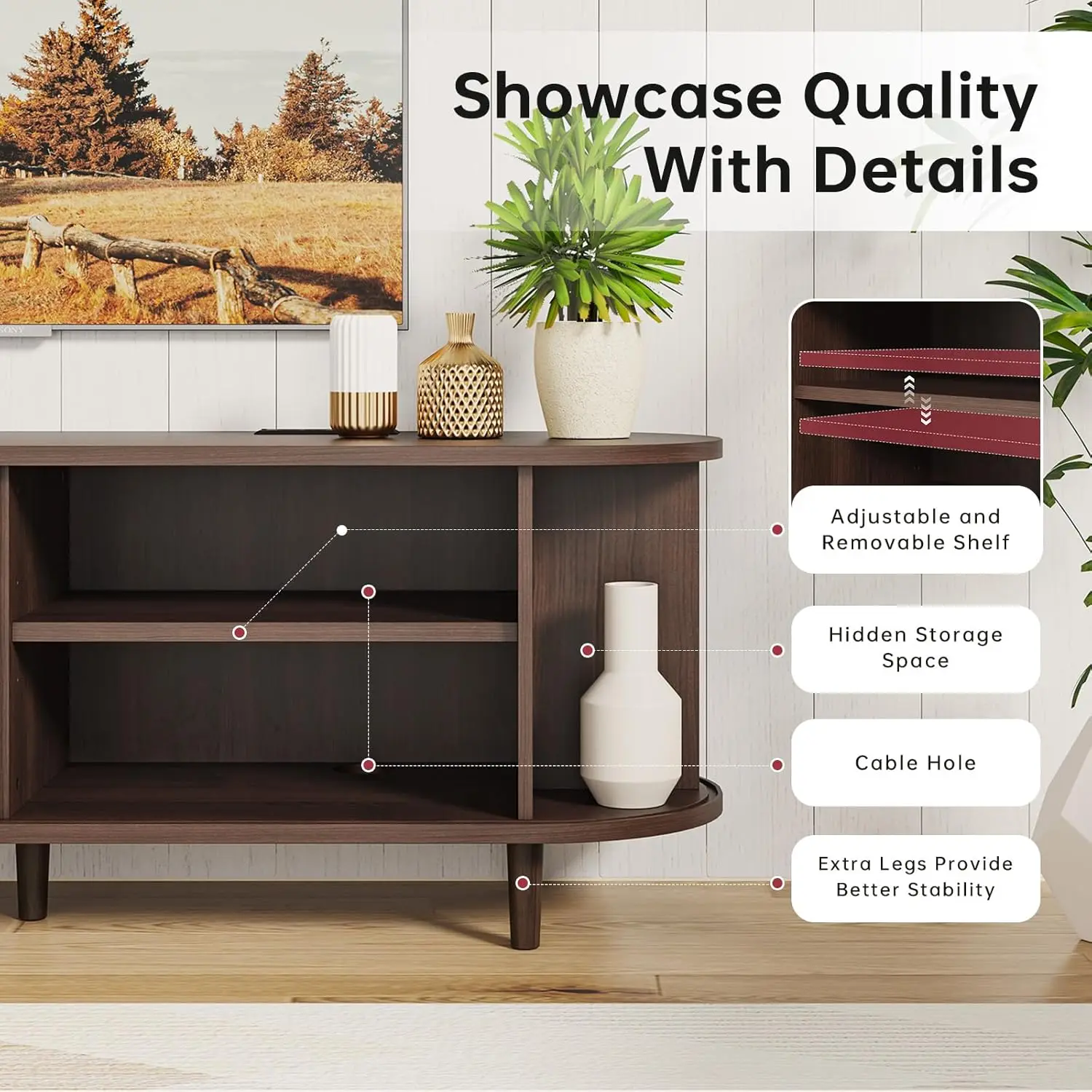 ตู้วางทีวี 58 นิ้ว พร้อมบานเลื่อน, ตู้วางทีวีสไตล์โมเดิร์นยุคกลาง พร้อมปลั๊กไฟและชั้นวางปรับระดับได้สำหรับทีวีขนาดไม่เกิน 65 นิ้ว, ลายร่อง